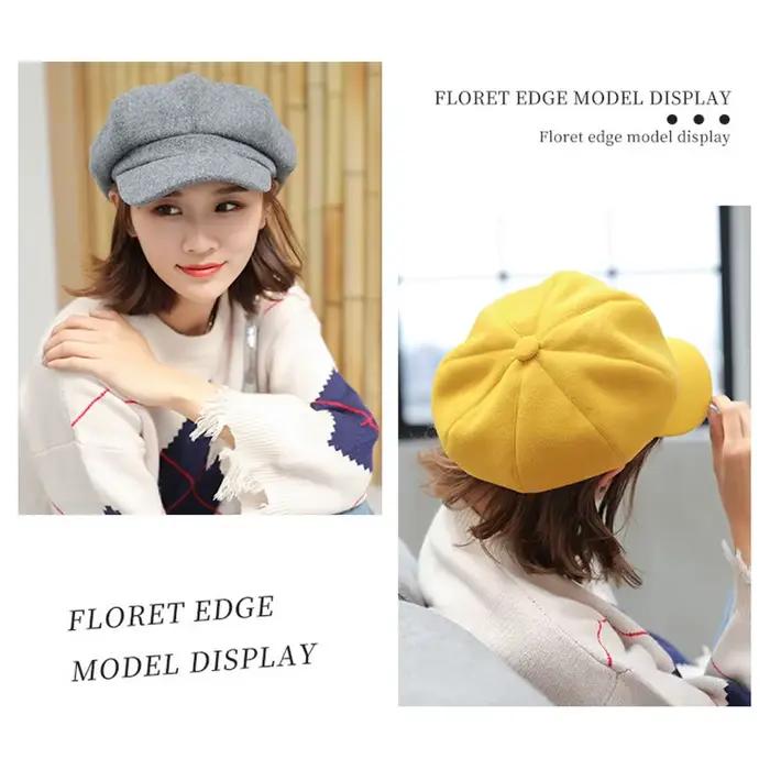 Chapeau octogonal en laine de Style coréen de couleur unie pour femmes