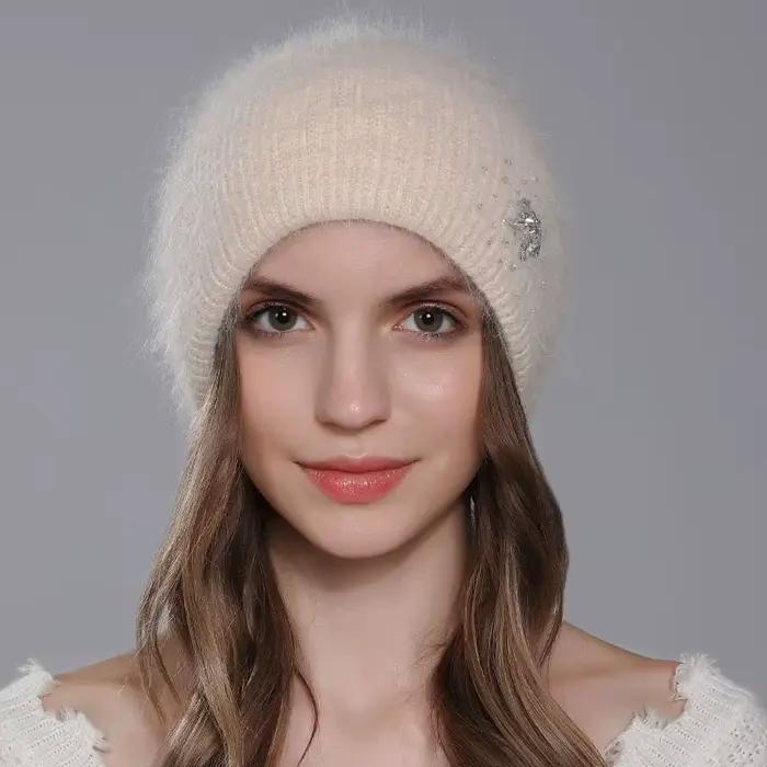 CNTANG chapeau pour femmes hiver chaud mode avec diamant fleur bonnets tricoté Angora longs lapin fourrure chapeaux Double couche dames casquette