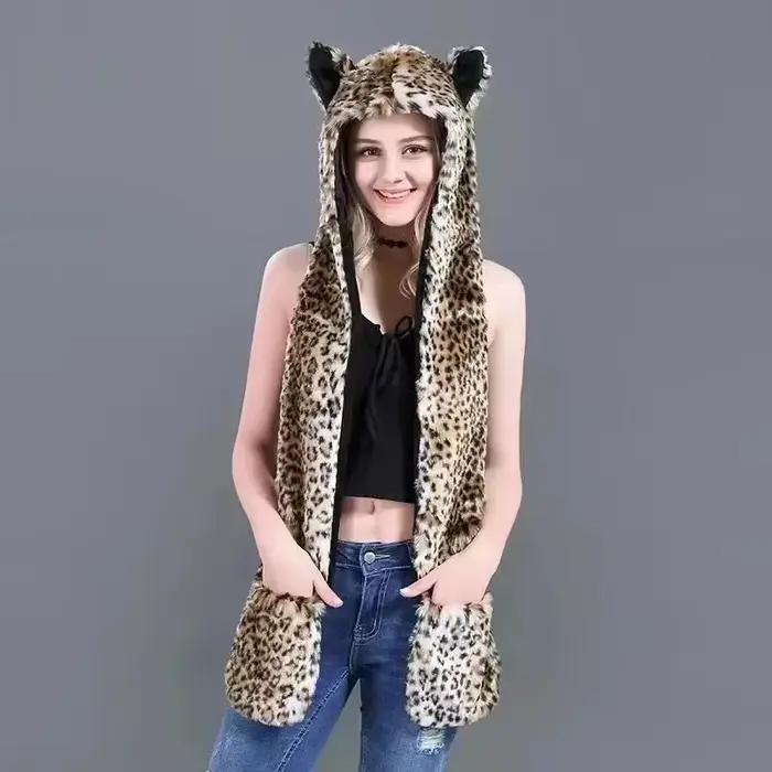 Hommes/femmes fausse fourrure capuche Animal chapeau oreillettes gants 3in1