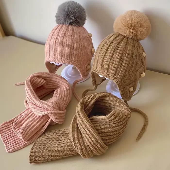 Coréen enfants écharpe chapeau ensembles automne hiver bébé chaud laine tricoté oreille Protection casquette enfant en