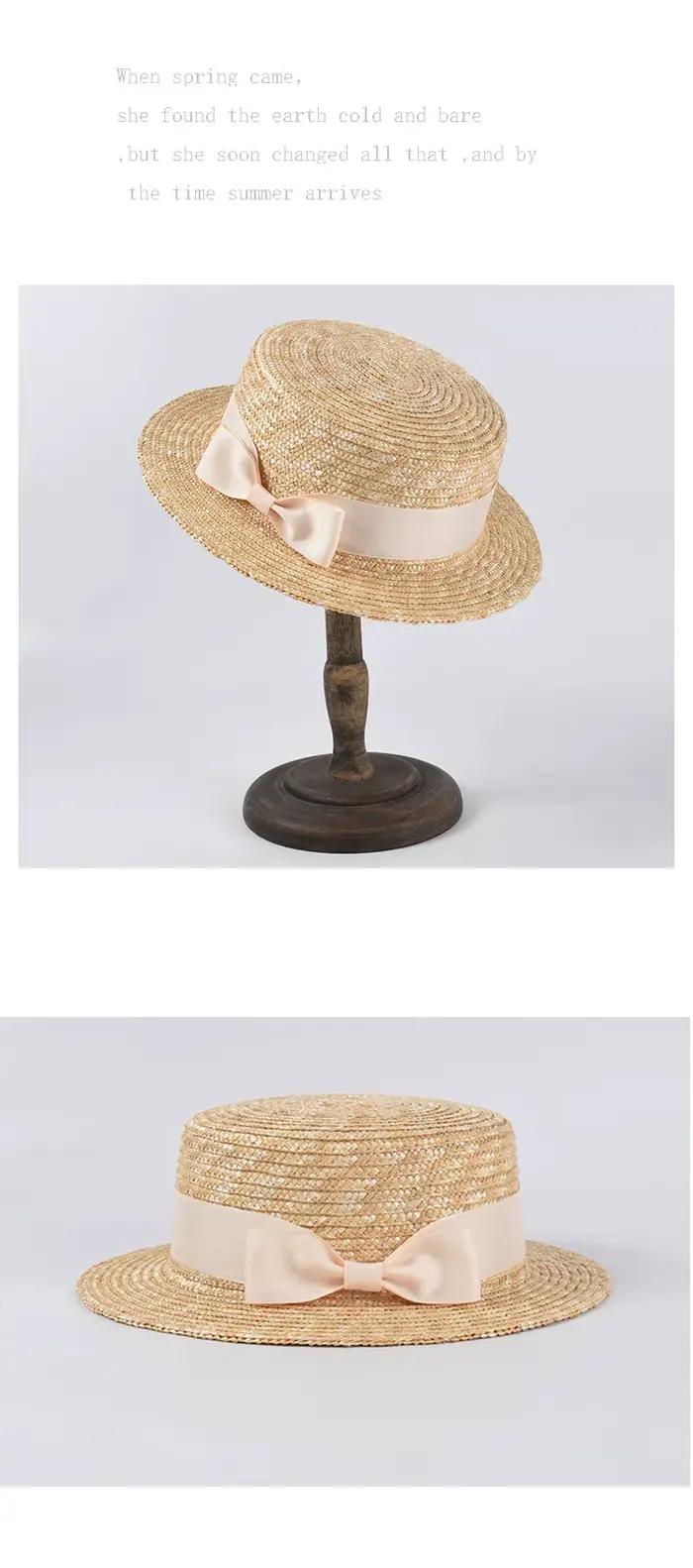 Chapeau de plaisancier à dessus plat en paille de blé naturel pour femmes