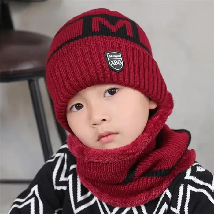 Enfant hiver tricoté chapeau écharpe garçon filles extérieur chaud en peluche bonnets