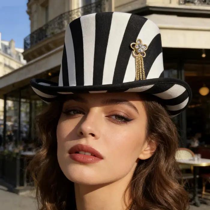 Chapeau de magicien à rayures noires et blanches avec pompon floral