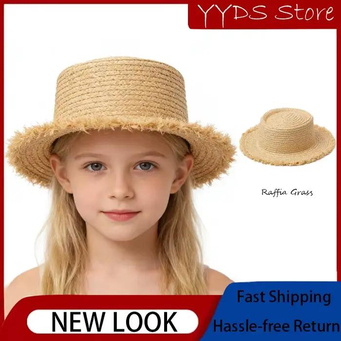 Chapeau de paille en raphia à bord large et franges pour enfants