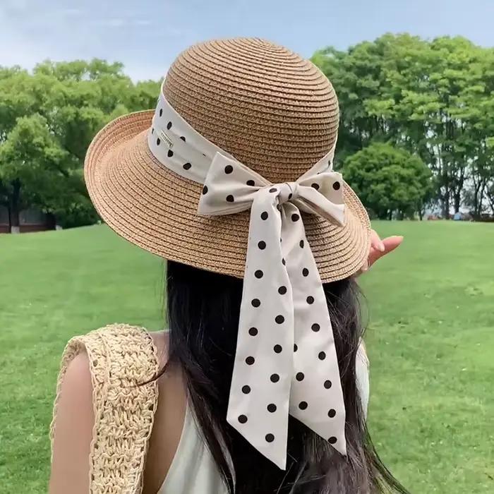 Été en plein air plage Protection solaire chapeau de paille grand bord à la mode polyvalent femmes
