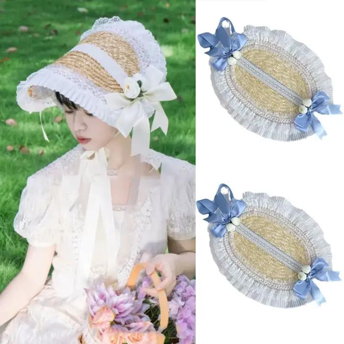 Chapeau de paille Lolita style rural français avec volants en dentelle