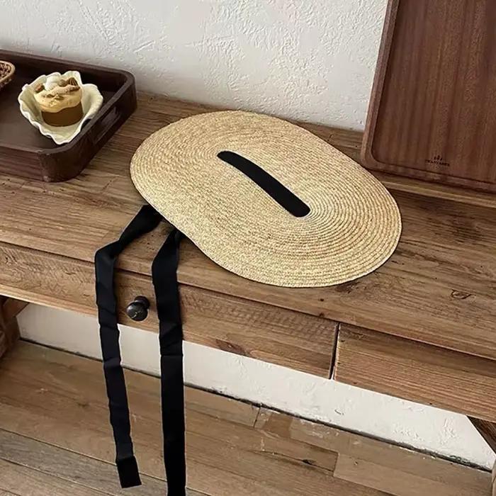Nouveau une pièce français élégant sangle paille naturelle Fadora chapeau pour femme été Vintage Photo piste vacances
