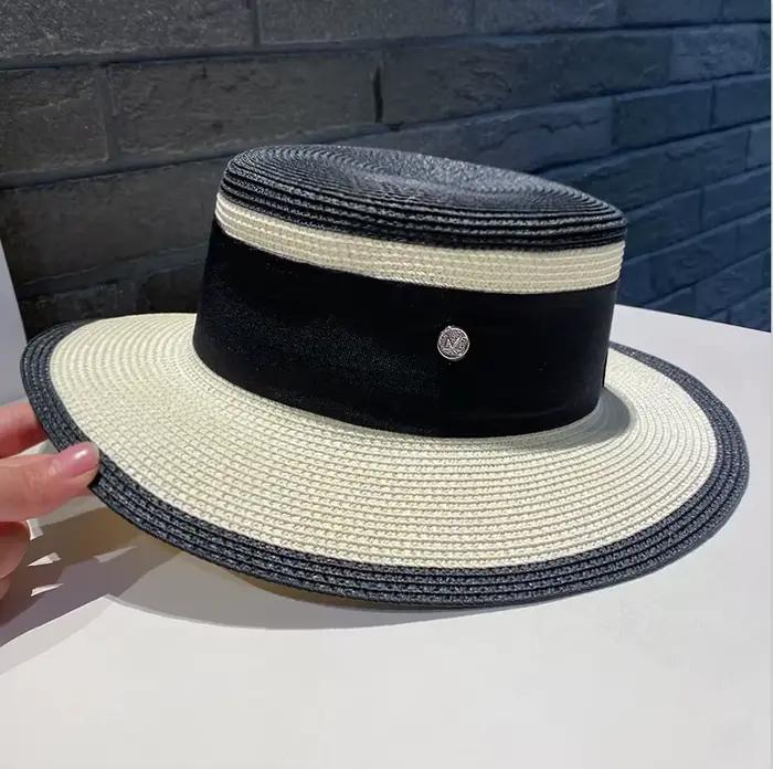 Chapeau de paille rétro britannique color-block pour femme