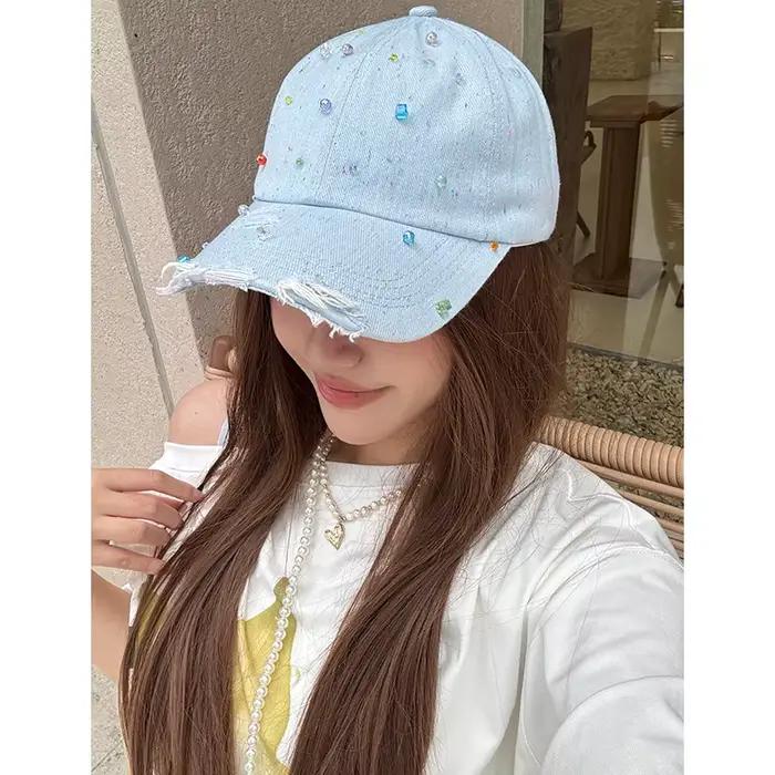 Casquette de baseball ELFSACK en jean déchiré avec perles colorées pour femmes style urbain plage décontracté quatre saisons