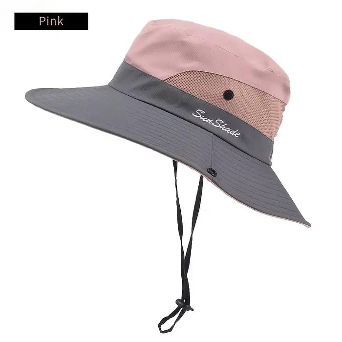 Chapeau de soleil bicolore pour femme avec trou pour queue de cheval – Maille respirante imperméable à large bord pour la plage et la pêche pour le printemps et l'été
