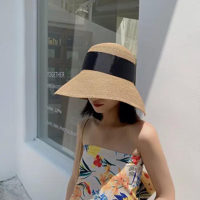 Chapeaux de paille à nœud de ruban noir pliable pour femmes et filles