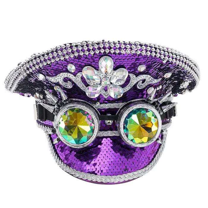 Chapeau militaire gothique avec paillettes violettes et biscuits pour femme
