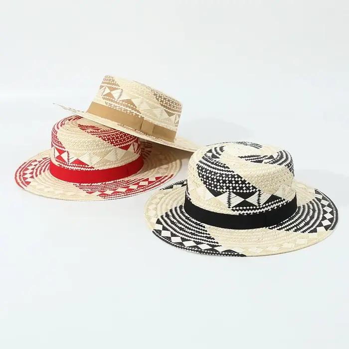 2025 Hot sales New Fashion Flat Top Color Block Straw Hat Elegant Beach Vacation Sun Hat Concave Shape Sun Shade Hat