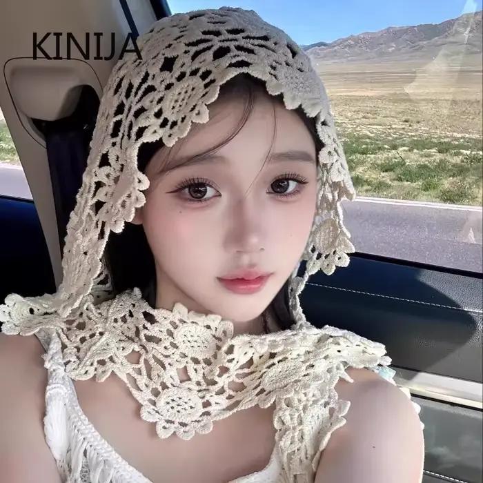 Japonais dentelle évider tricoté chapeau femmes ethnique Sle voyage photoaphy visage minceur aérien casquette foulard