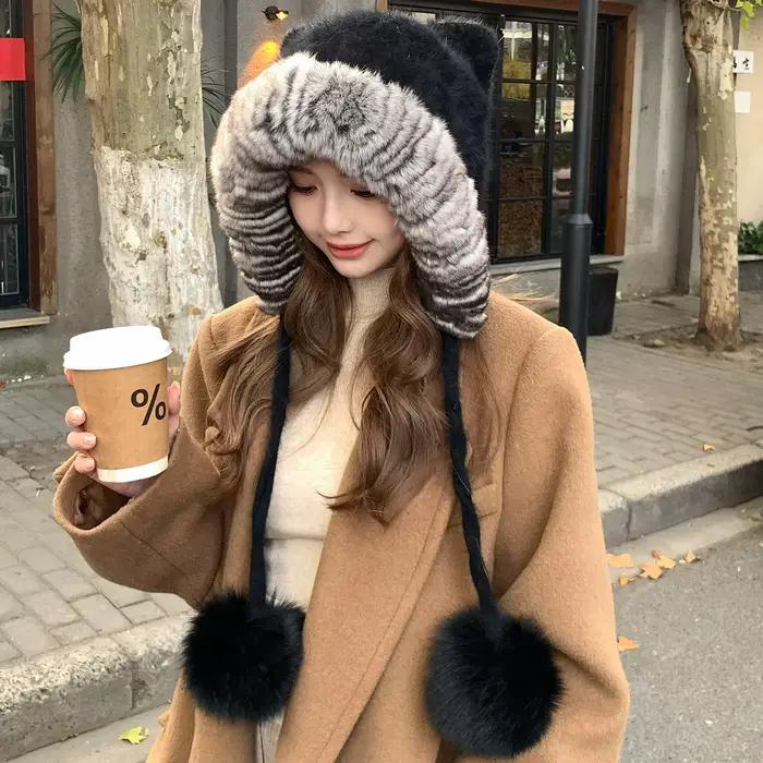 Chinchilla couleur véritable Rex fourrure de lapin Bomber casquette avec pompon de renard épais tricoté chaud oreille