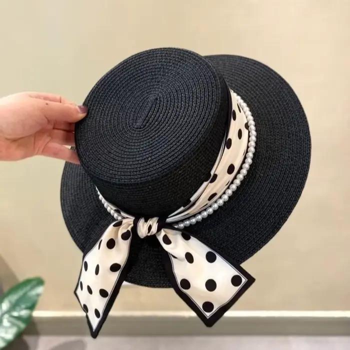 Chapeau de plage élégant en paille tressée avec ruban à pois