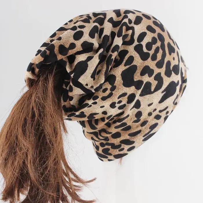 Hip Hop femmes mode imprimé léopard chaud chapeau casquettes pour fille Dot printemps automne coton bonnets Skullies Double utilisé chapeaux écharpe