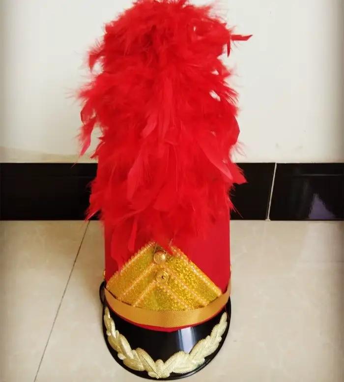 Chapeau de groupe de musique rouge pour enfants et adultes cosplay militaire vêtements de sauna chapeaux de performance scolaire avec plumes fournitures de festival