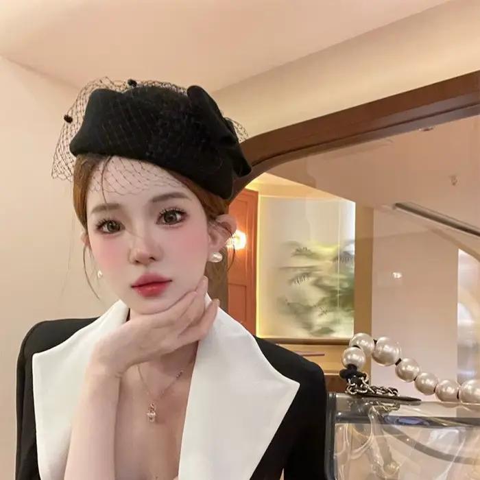 Nouveau chapeau à nœud en laine de cachemire avec voile Style britannique