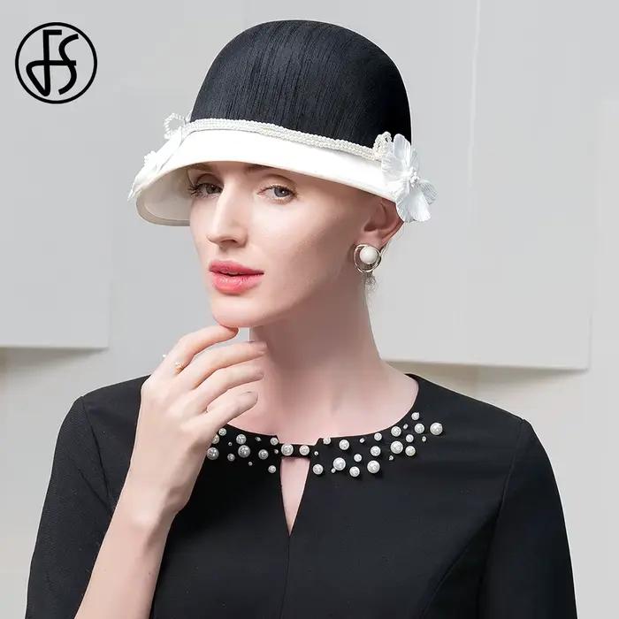 FS élégant blanc noir chapeaux avec fleur britannique haut-de-forme dames Vintage Cocktail casquette de fête de mariage église chapellerie 2025 hiver