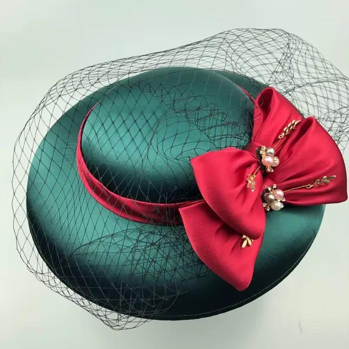 Grand Chapeau de Mariage Vert avec Voile et Nœud Fascinator Élégant Style Français Chapeau de Cérémonie Fête ou Derby pour Femme Occasionnels