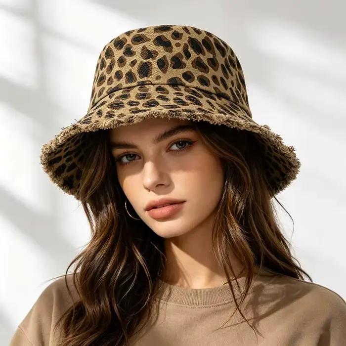 Chapeau Bob Femme Vintage Léopard en Jean pour Randonnée en Plein Air