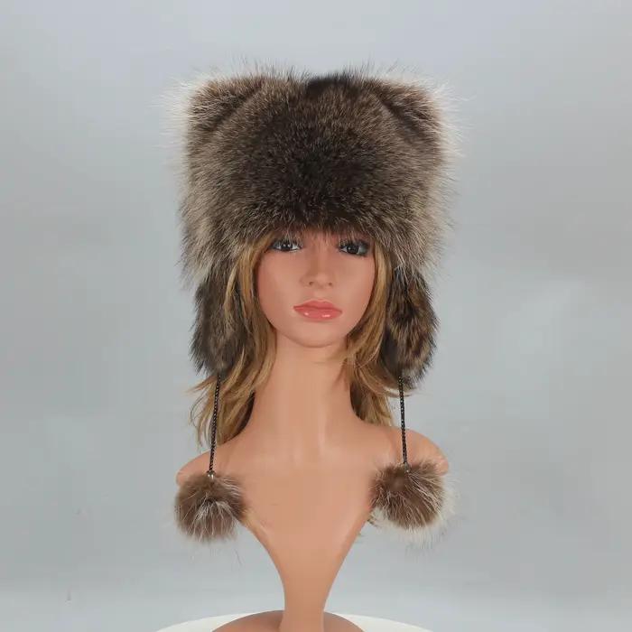 Chapeau Bombardier en Fourrure de Raton Laveur Naturelle pour Femme et Fille