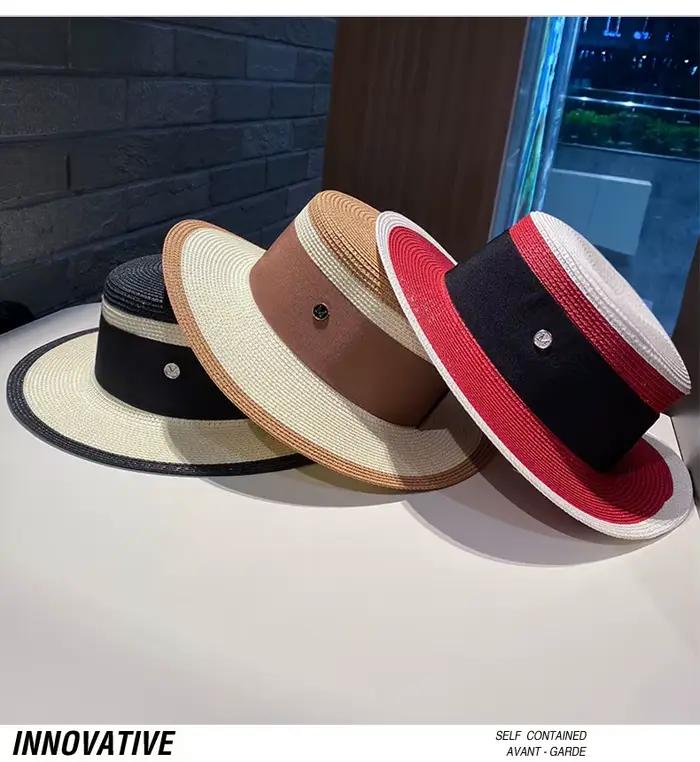 Chapeau de paille rétro britannique color-block pour femme