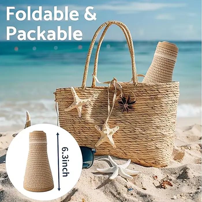 Chapeaux de soleil pour femmes à large bord enroulable plage queue de cheval chapeau pliable voyage visière de paille