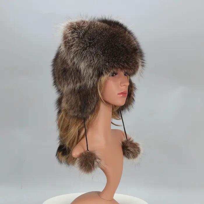 Chapeau Bombardier en Fourrure de Raton Laveur Naturelle pour Femme et Fille