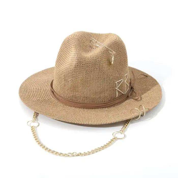 Offres spéciales à la mode métal RB lettre chapeaux de paille pour femmes hommes été vacances en plein air plage