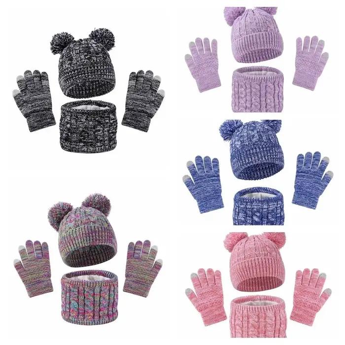 Mignon pompon bébé chapeau écharpe gants ensemble épaissi garder au chaud enfant en bas âge tricoté chapeaux avec
