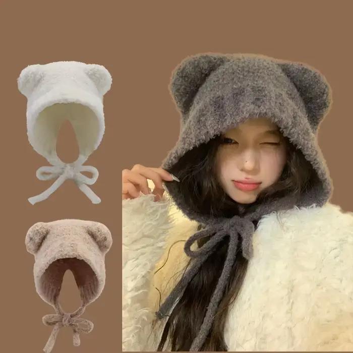 Bonnet chaud et mignon pour femmes avec cache-oreilles de l'ère ours, tricot épais et moelleux pour cyclisme de voyage en plein air, casquette de pull chaude pour automne et hiver