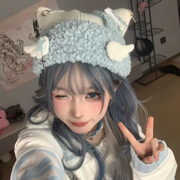 Chapeau d'oreille de chat bleu sous-culture avec croix pour femmes styles Harajuku et Lolita gothique automne hiver