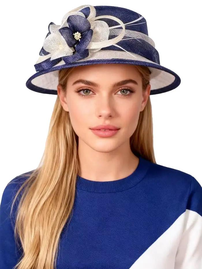 Chapeau Fedora FS en sinamay bleu et blanc pour femme, bord large, fleur ornée, élégant pour mariage, église, courses de chevaux, occasions formelles