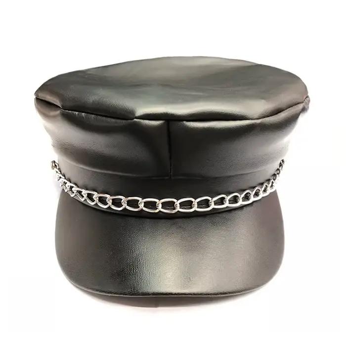 Chaîne en cuir Pu bleu marine chapeau noir plat haut court bord