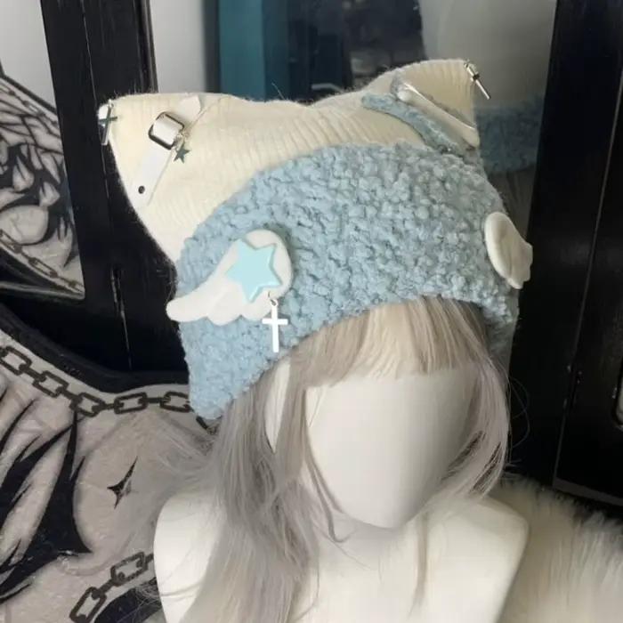 Chapeau d'oreille de chat bleu sous-culture avec croix pour femmes styles Harajuku et Lolita gothique automne hiver