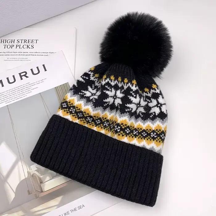 Boule de cheveux chaude hiver cachemire chaud coupe-vent laine chapeau mode noël flocon de neige