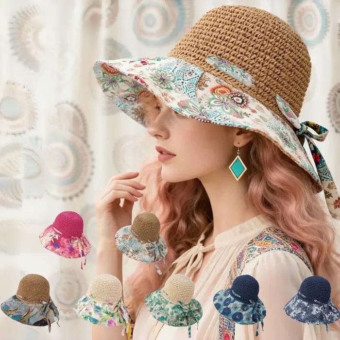 Chapeau de paille à fleurs à large bord de style bohème