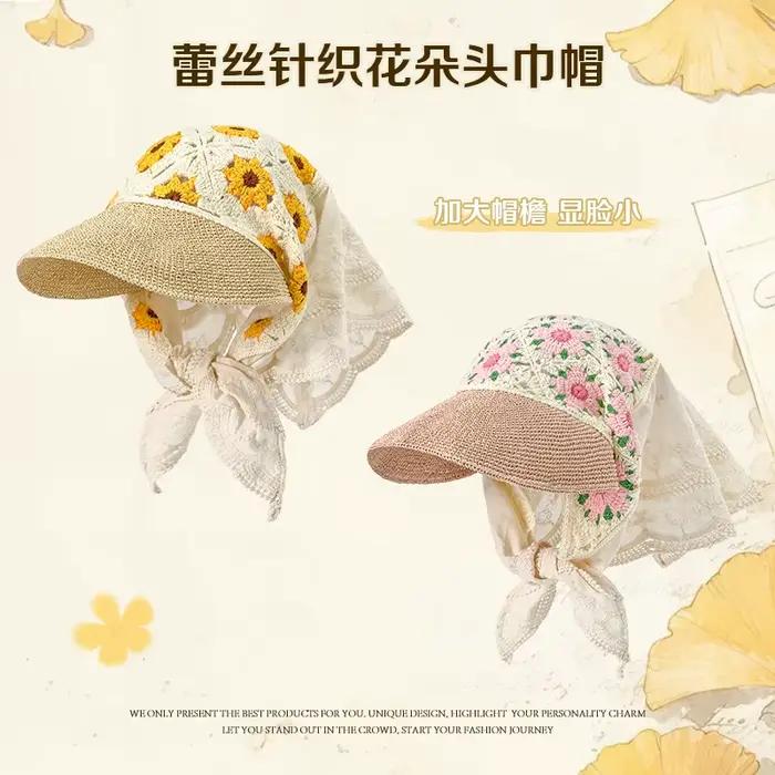 Style pastoral français fleur dentelle épissage foulard casquettes femmes été bord de mer voyage Protection solaire polyvalent doux chapeau de soleil