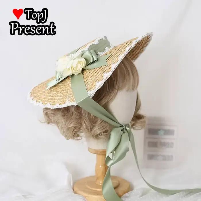 Chapeau de paille avec nœud en dentelle pour femmes
