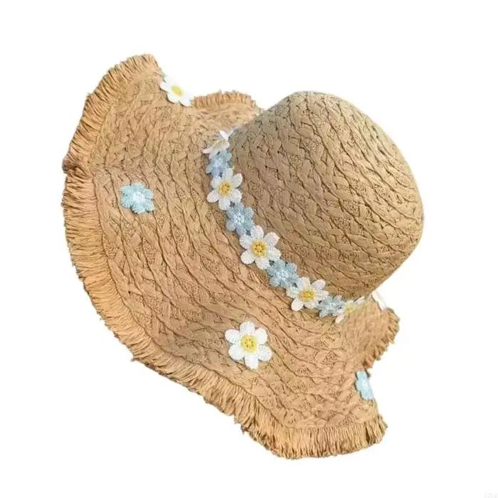 Chapeau paille à fleurs d'été large bord 15cm pour protection solaire et style unique pour enfants 7-13 ans occasions estivales