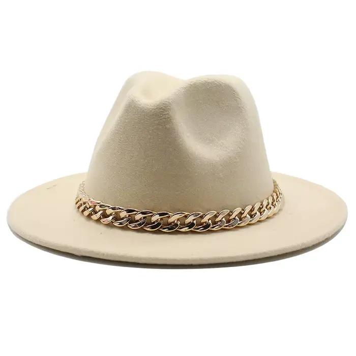 Fedora chapeaux pour femmes hommes à large bord épais chaîne en or bande feutré Chapeau Jazz casquette hiver automne
