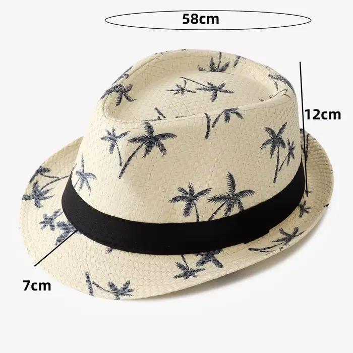 Chapeau de jazz en paille imprimé cocotier style britannique protection solaire plage été hommes adultes blanc beige bleu kaki