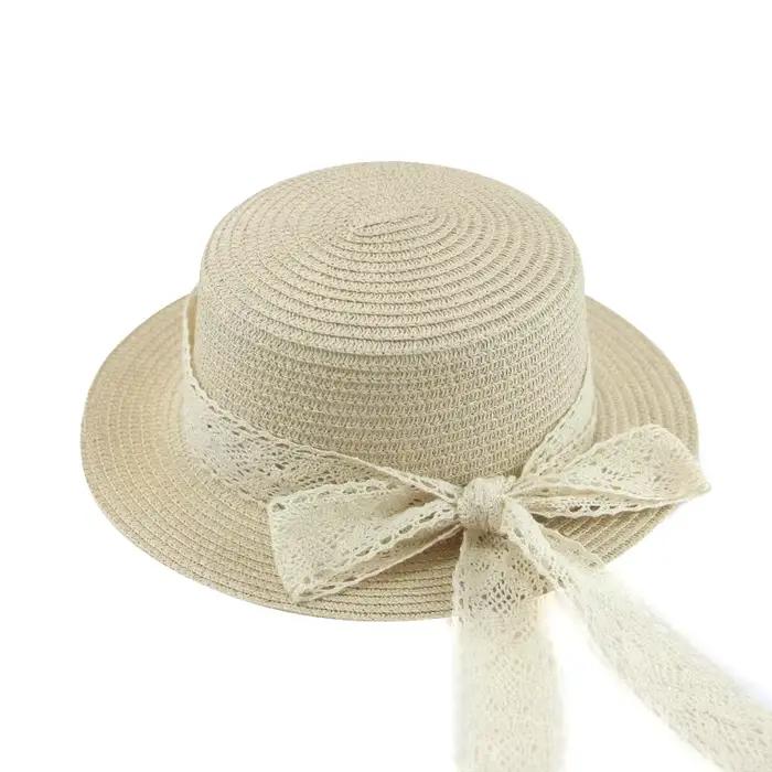 Chapeau de plage en paille solide avec nœud papillon et dentelle pour femmes et petites filles été ocassions spéciales plage