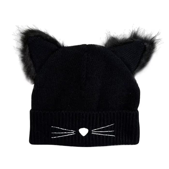 Chapeau d'hiver chaud pour femmes laine tricoté oreilles de chat Faux vison chapeaux Skullies fourrure pompon