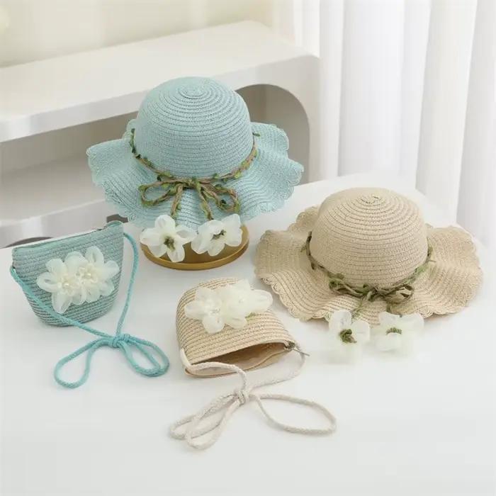 Chapeau de paille et sac à bandoulière pour filles dessin animé ours enfants chapeau de soleil sac ensemble printemps plage chapeaux pour garçon fille enfant bord casquette