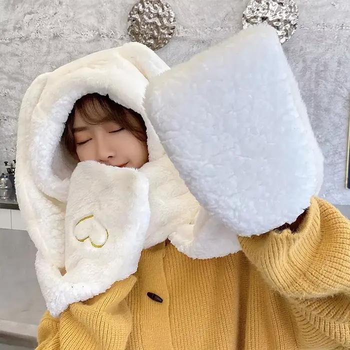 Nouvelle mode écharpe chapeau gant femmes mignon grande oreille lapin bonnet hiver chaud doux épaississement poche