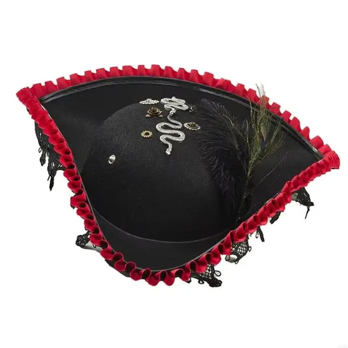 Chapeau pirate élégant avec bordure en dentelle délicate plume en peluche pour événement à thème Y08E