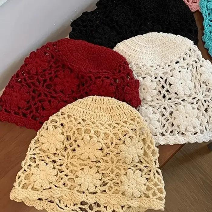 Bonnet en crochet fait main avec fleur, style Y2K, ajouré, streetwear